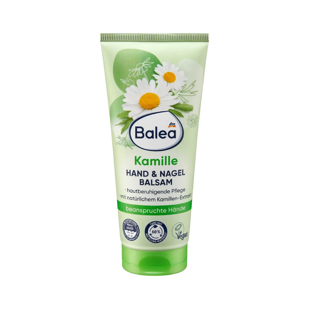 Balea hand and nail balm tube with floral design on a white background