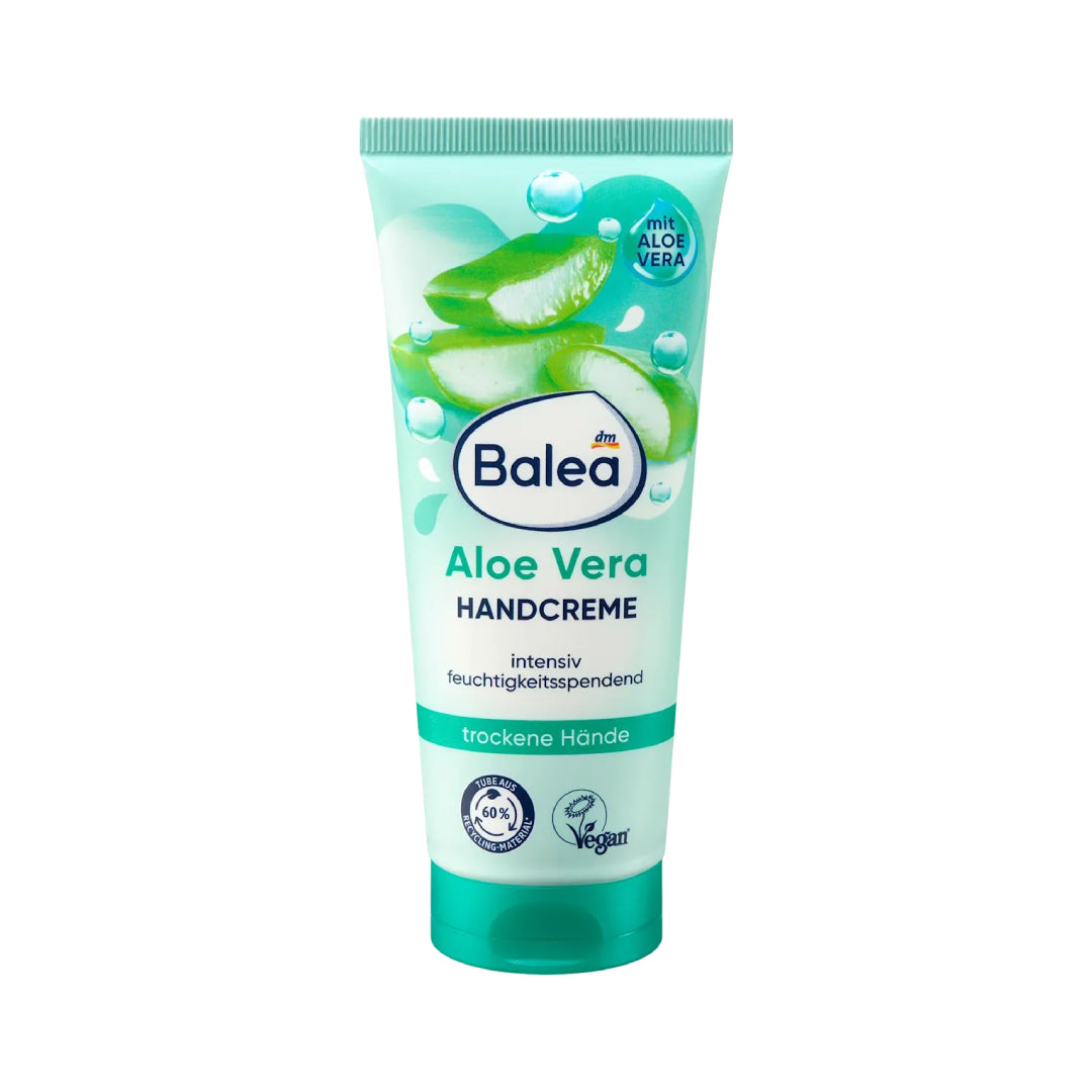Balea Aloe Vera hand cream tube on a white background