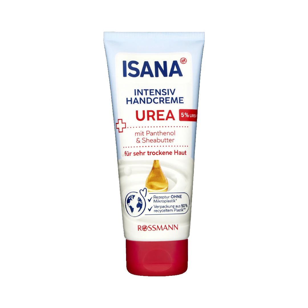 ISANA hand cream tube with UREA on a white background