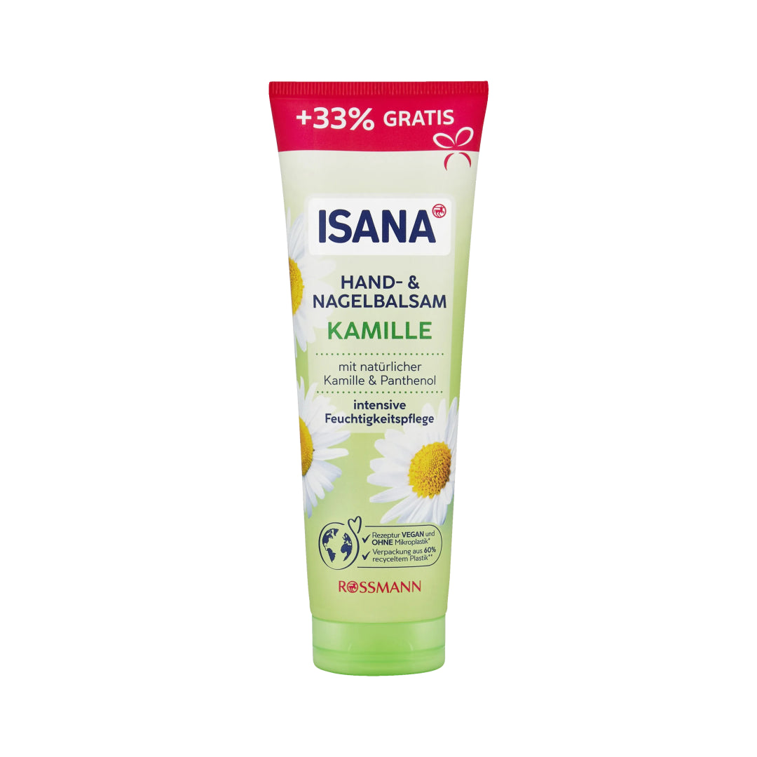Isana hand and nail balm tube with daisy design on a white background