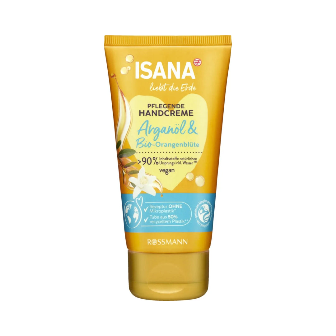 ISANA hand cream tube with yellow and blue packaging on a white background