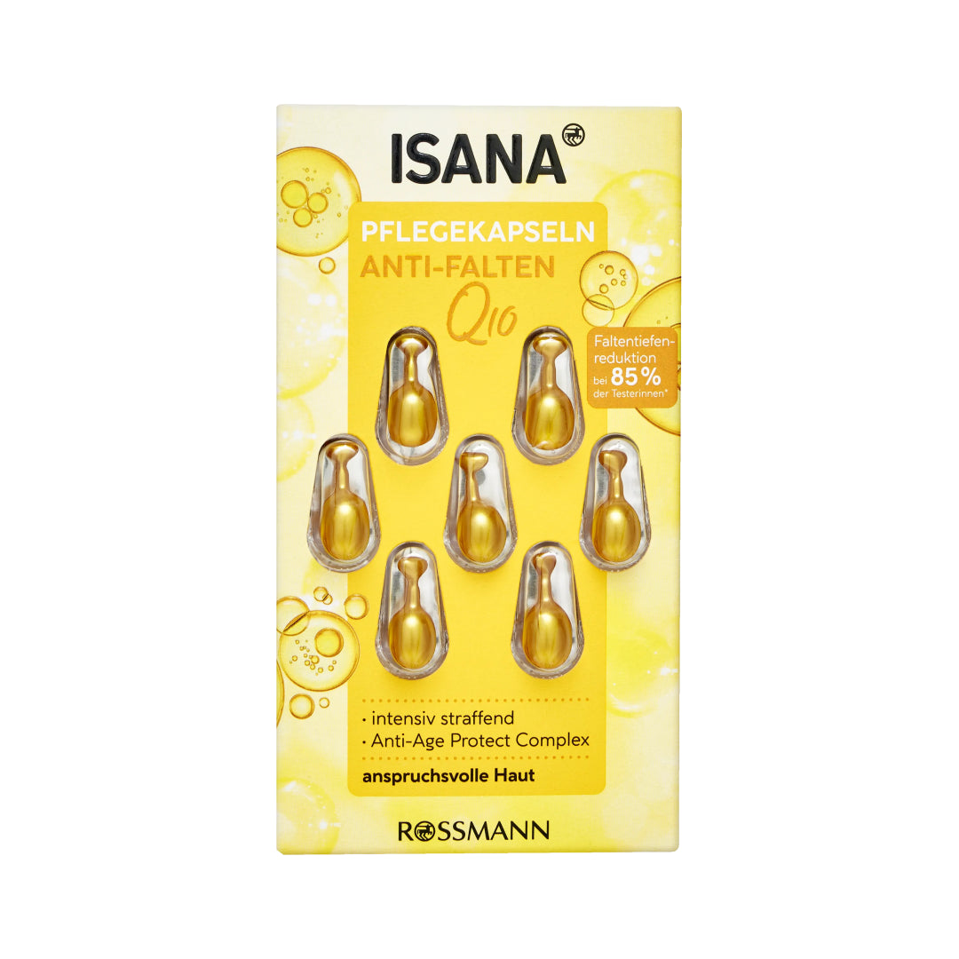 Isana anti-wrinkle capsules packaging with yellow background