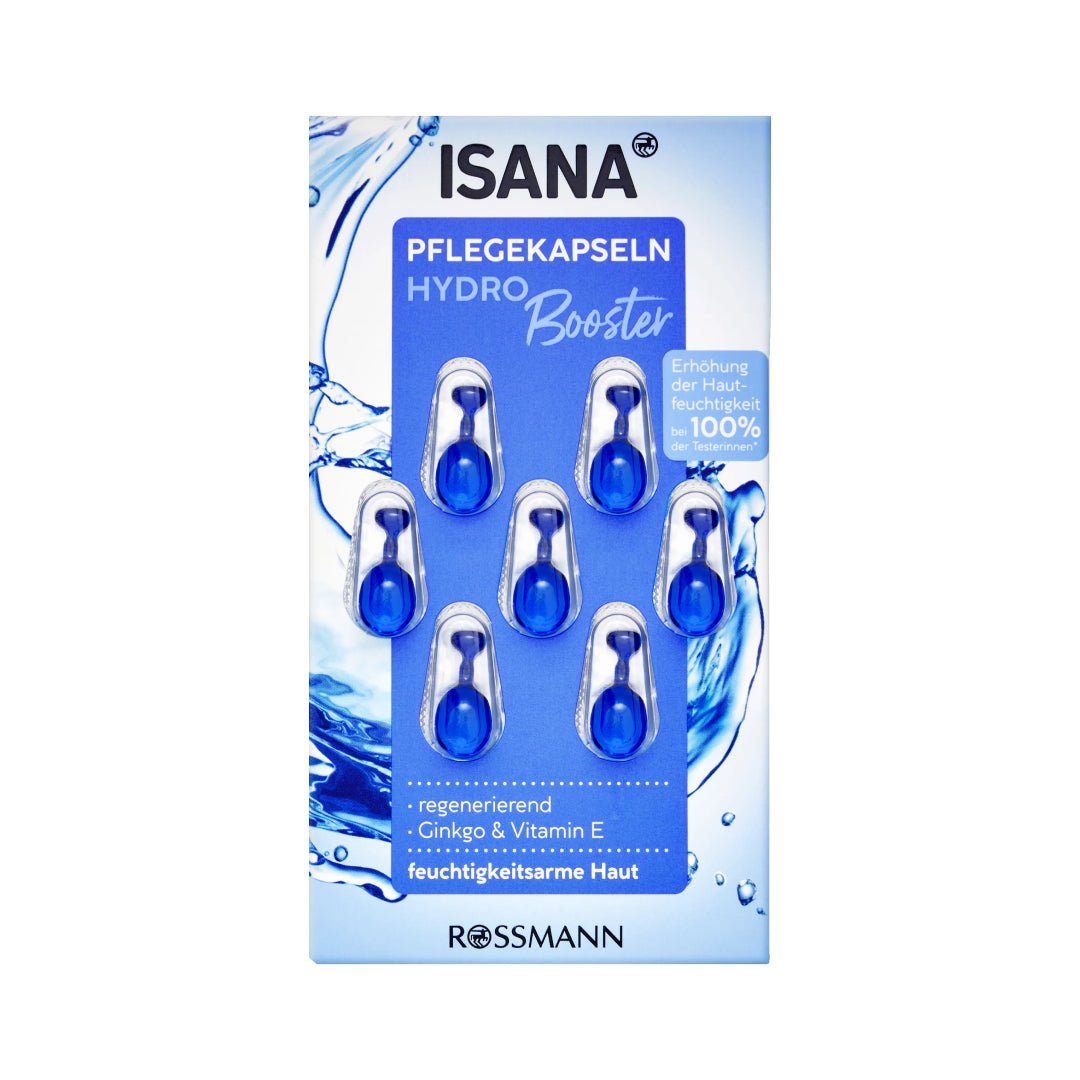 ISANA Hydro Booster packaging with blue capsules on a white background
