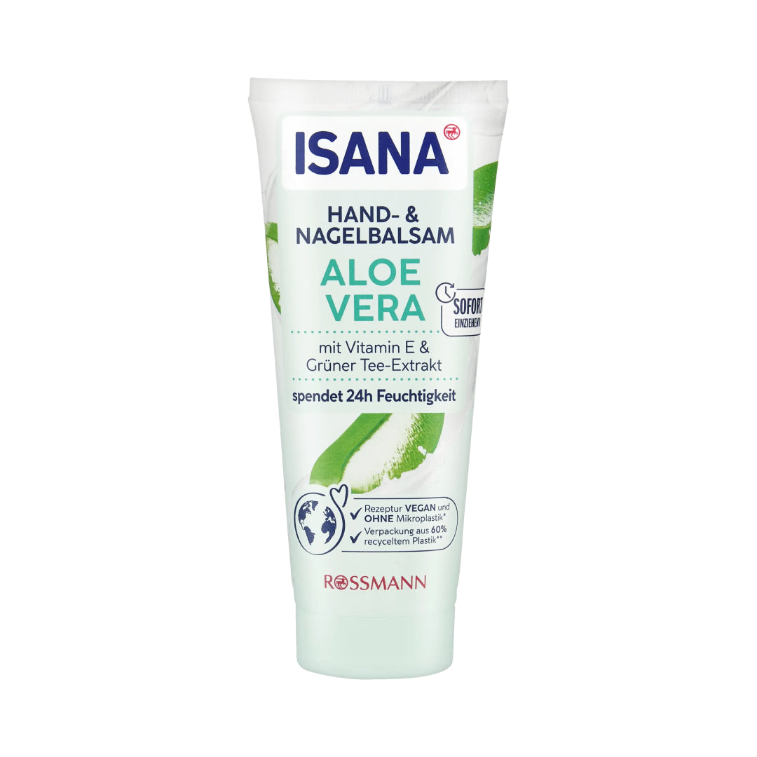 ISANA hand and nail balm tube with aloe vera on a white background