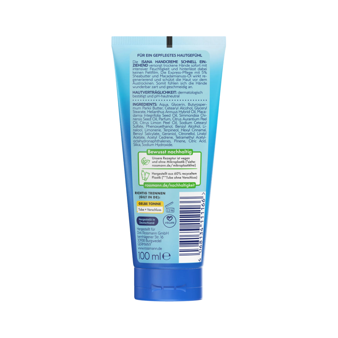 Isana hand cream tube on a white background