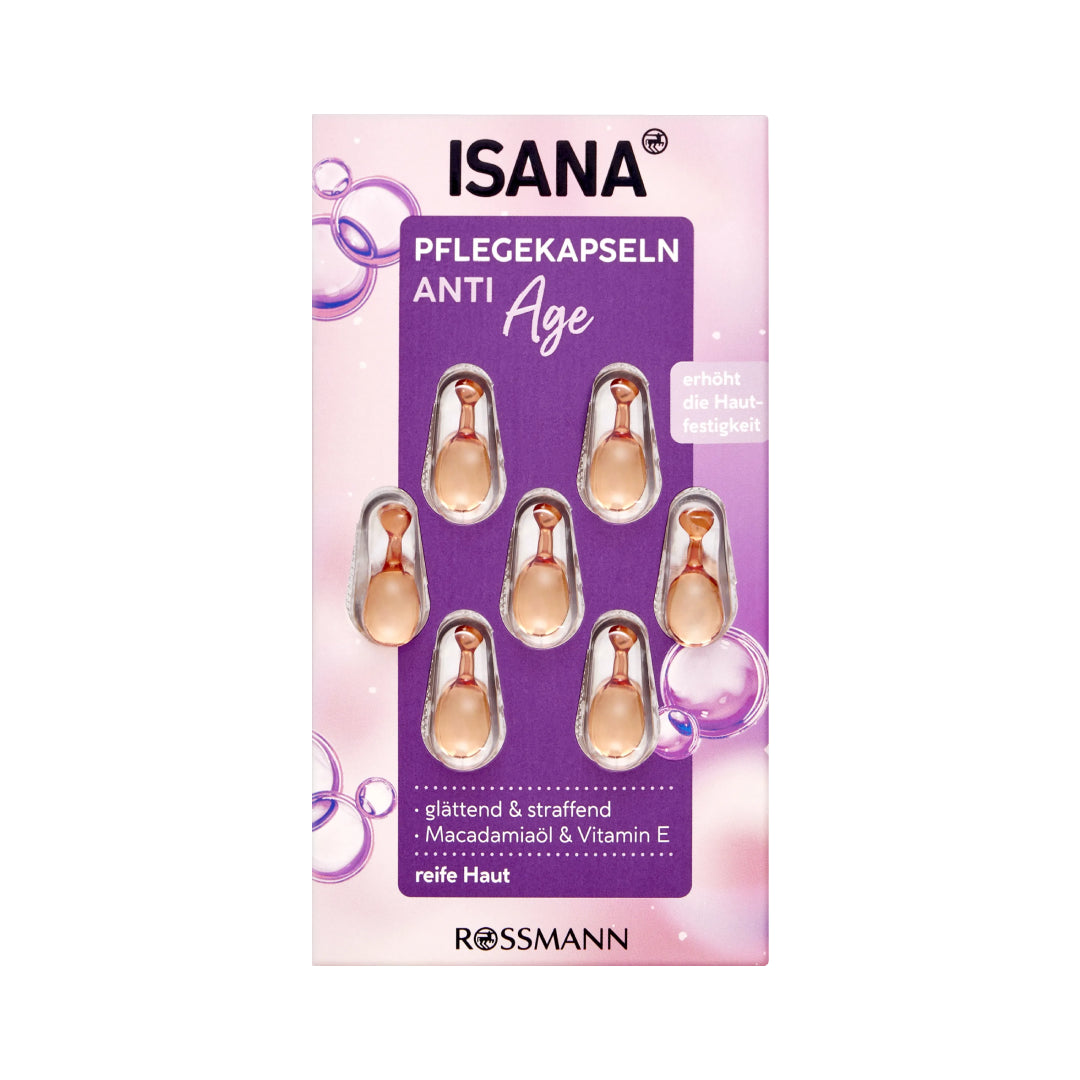ISANA anti-age capsules packaging with purple background and product images.
