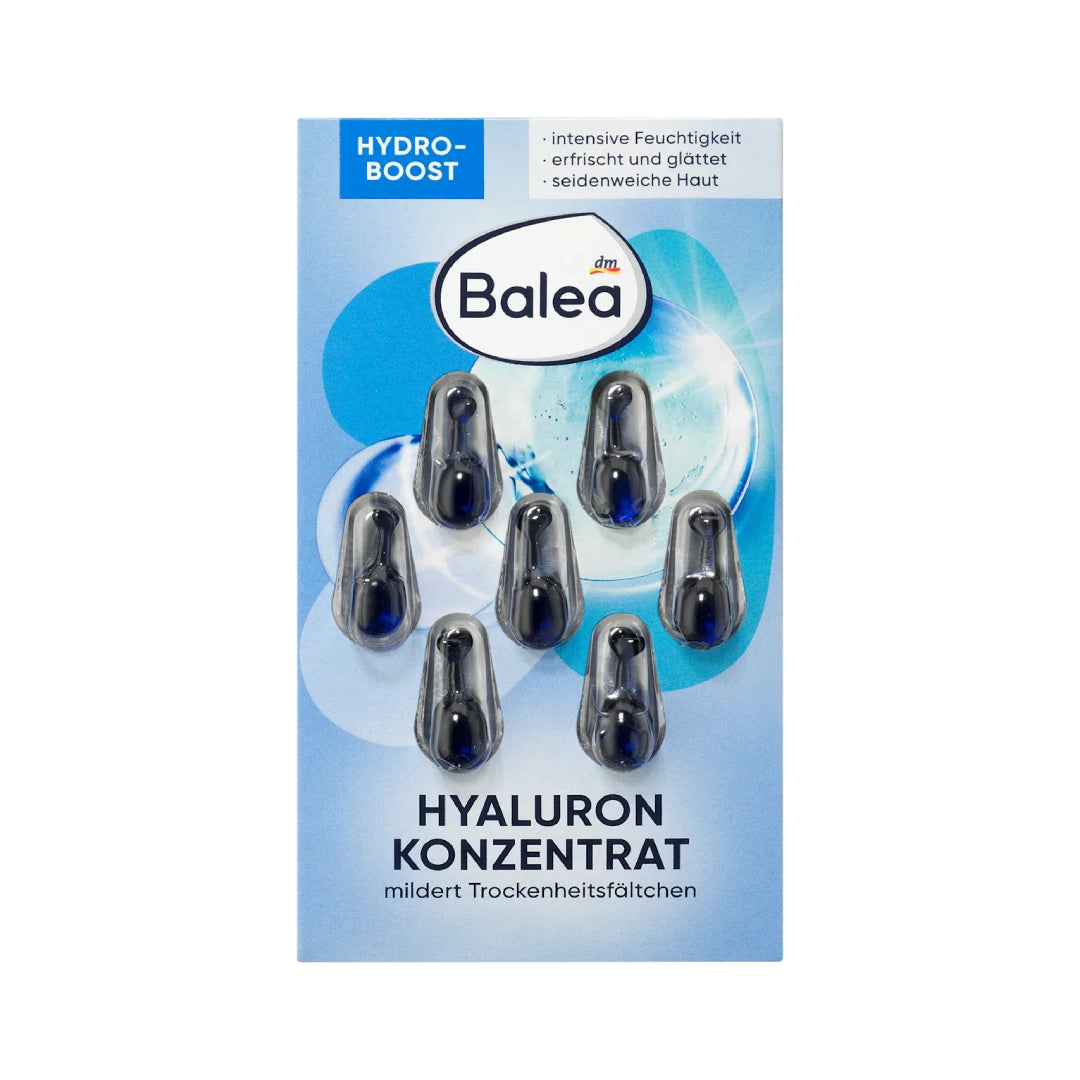 Balea Hyaluron Concentrate packaging with six syringes on a blue background