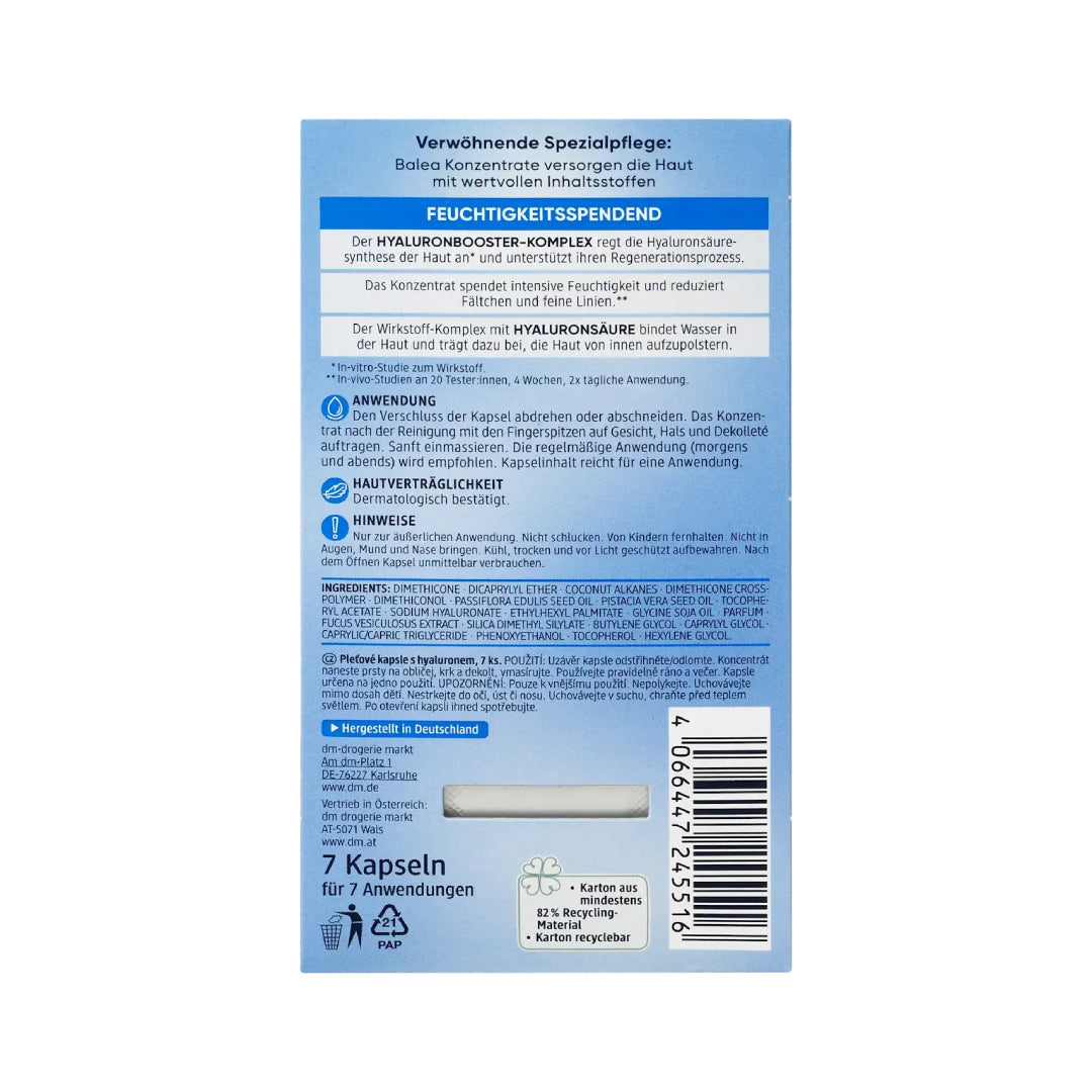 Balea Hyaluron Concentrate packaging with six syringes on a blue background