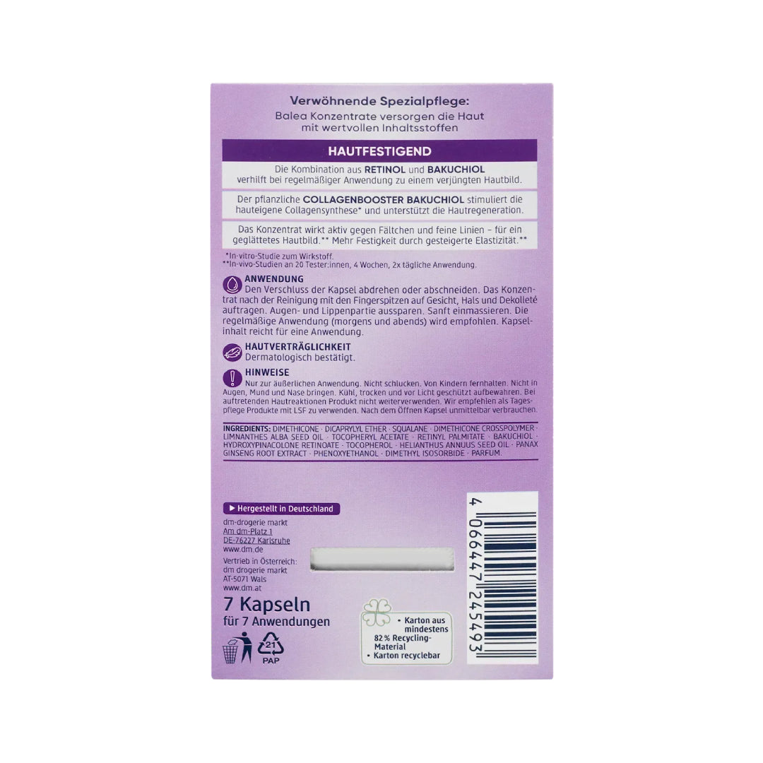 Balea Retinol Concentrate packaging with purple and white design