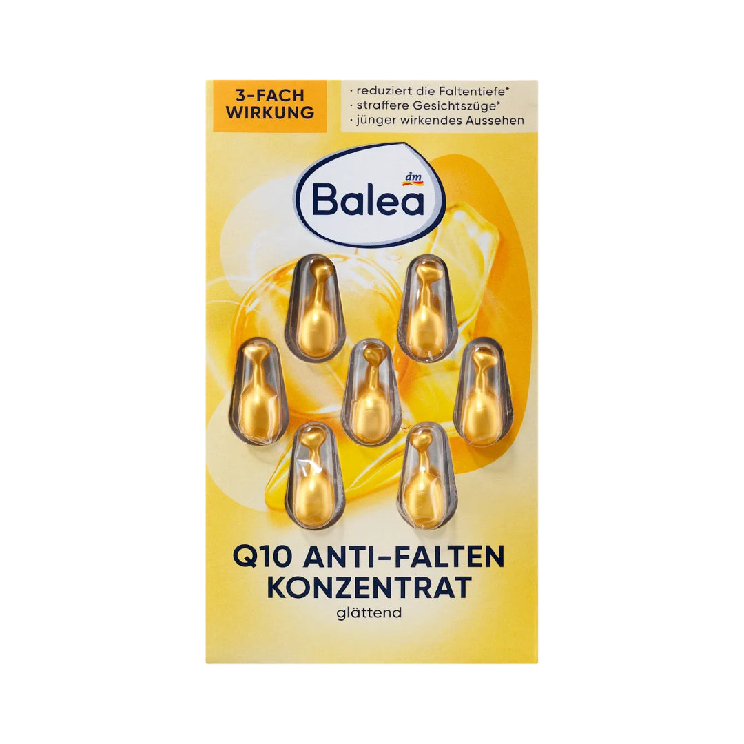 Balea Q10 Anti-Wrinkle Concentrate packaging with gold capsules on a yellow background