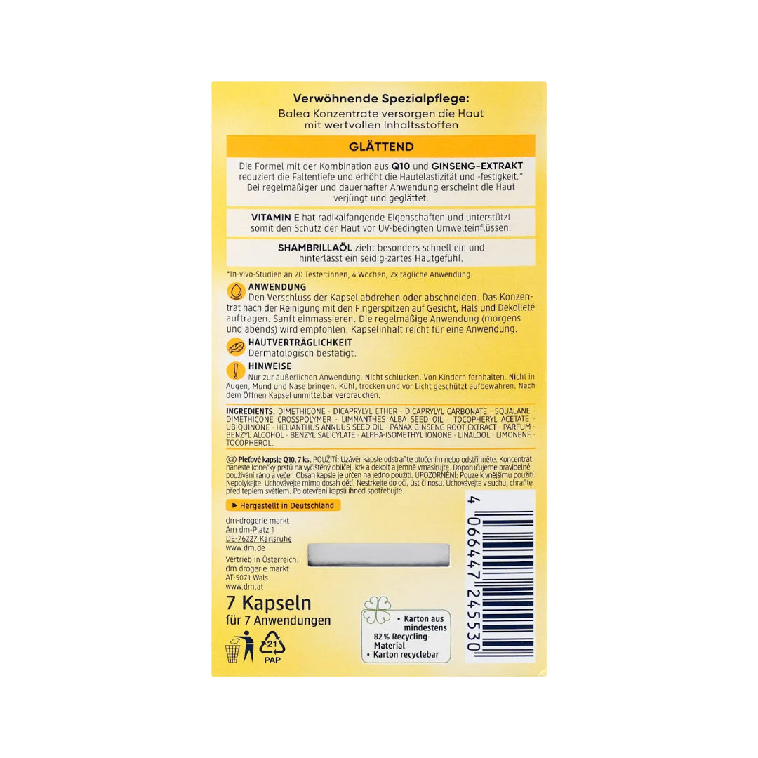 Balea Q10 Anti-Wrinkle Concentrate packaging with gold capsules on a yellow background