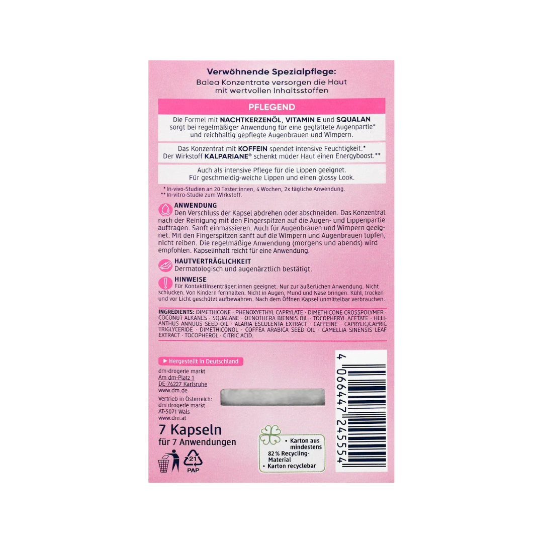 Balea lip and eye concentrate packaging with pink and gray applicators on a white background