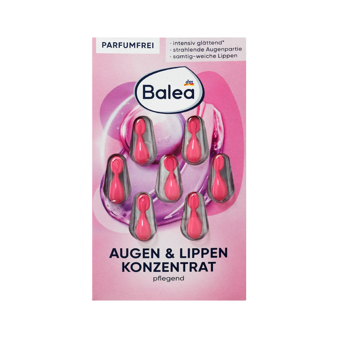 Balea lip and eye concentrate packaging with pink and gray applicators on a white background