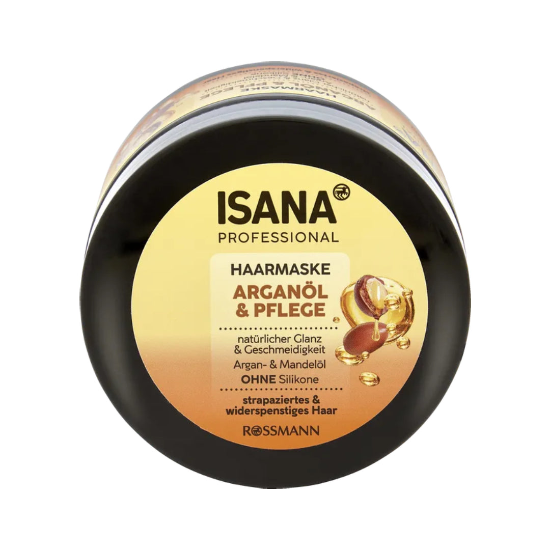 Isana hair mask jar with argan oil on a white background