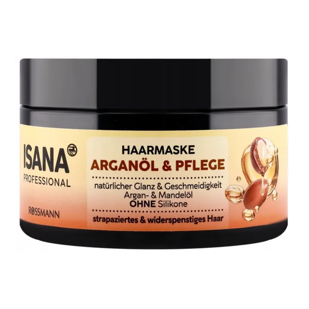 Isana hair mask jar with label on a white background